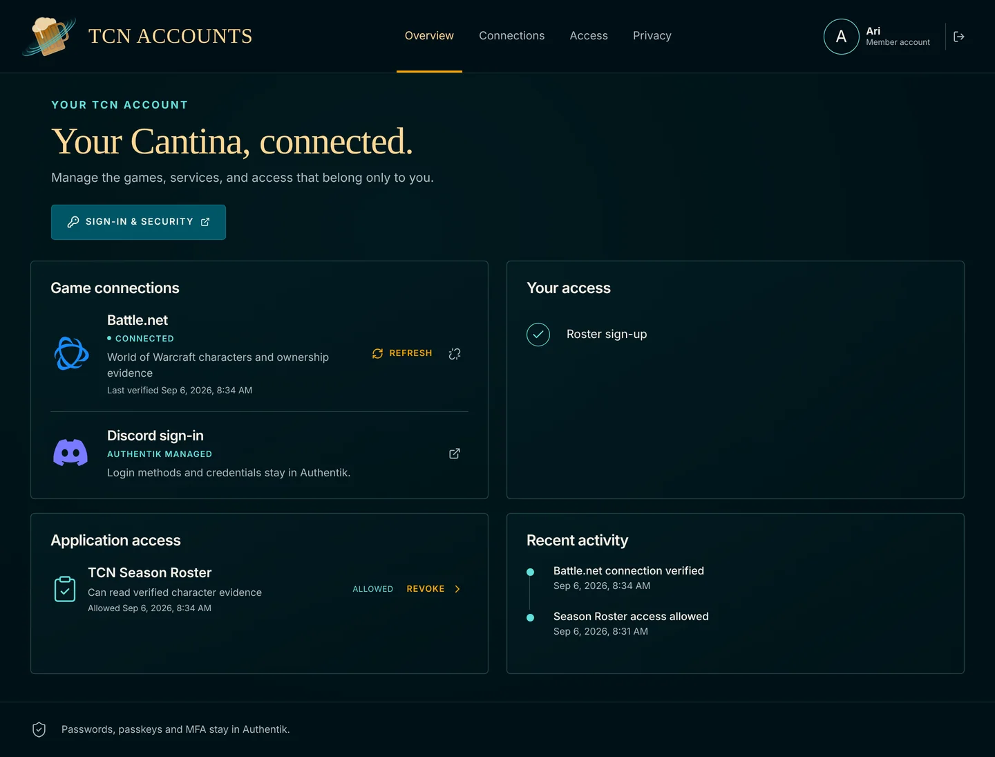 Account dashboard with Battle.net and Discord connections, app access and recent activity.